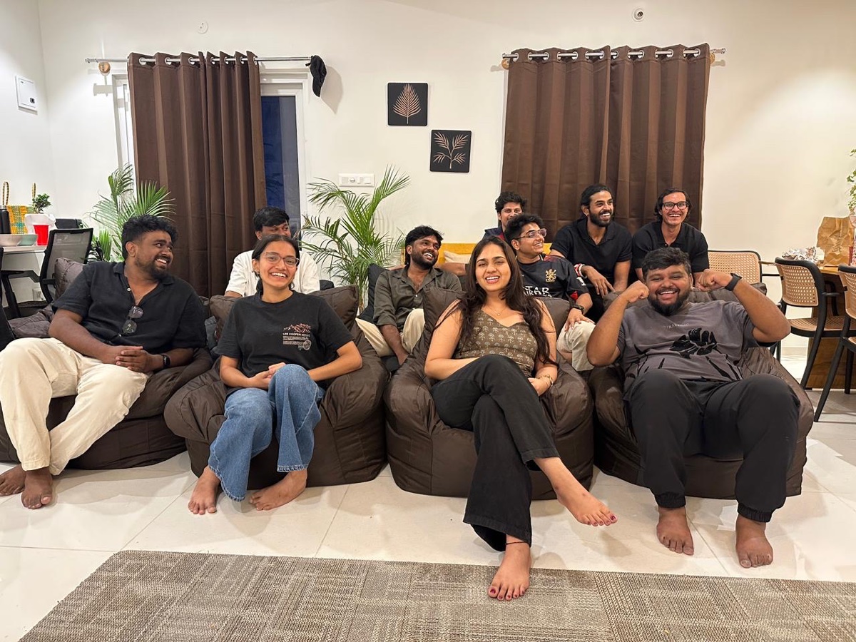 The whole team, on beanbags, after a long day