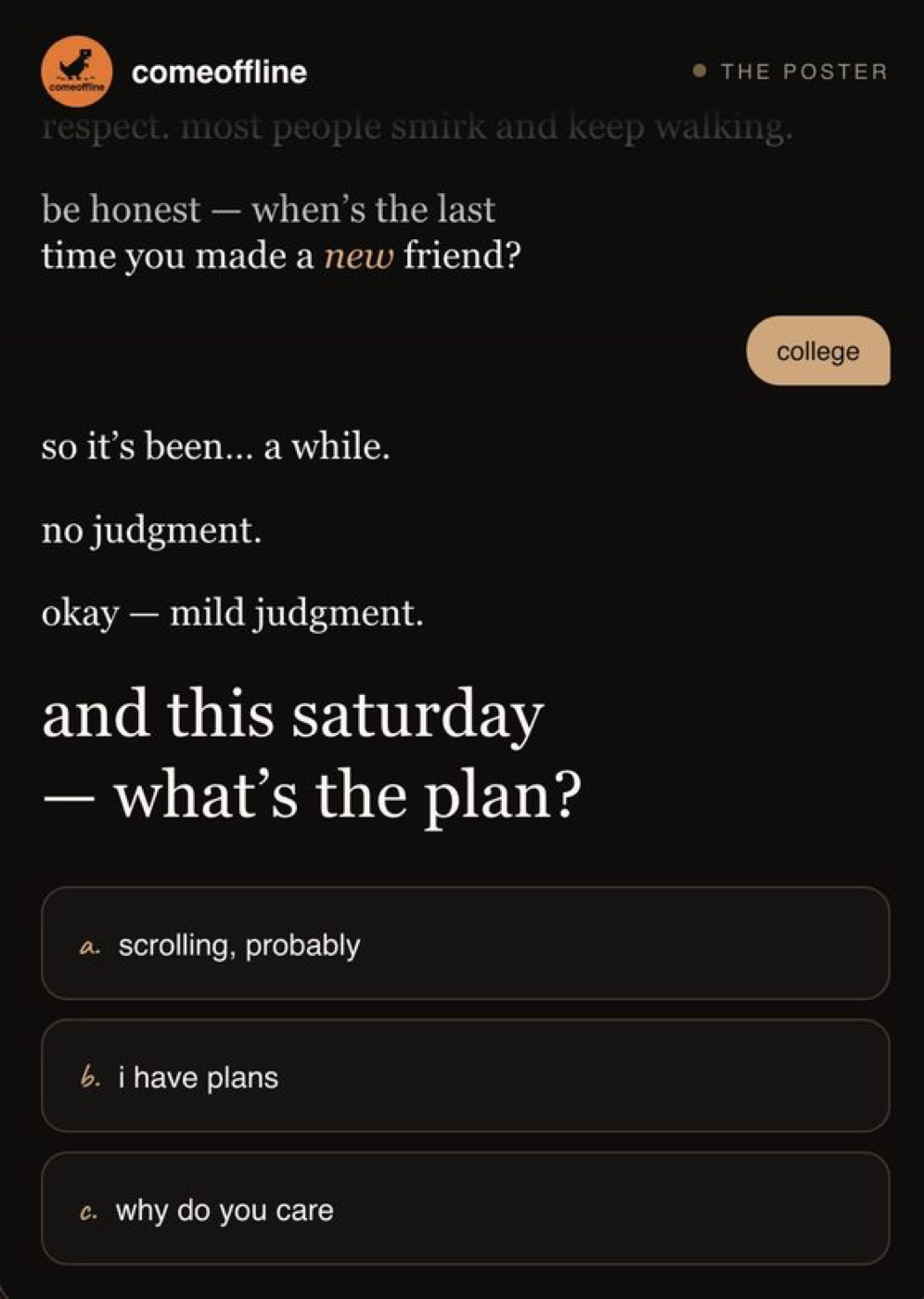 The poster page continues — this Saturday, what's the plan?