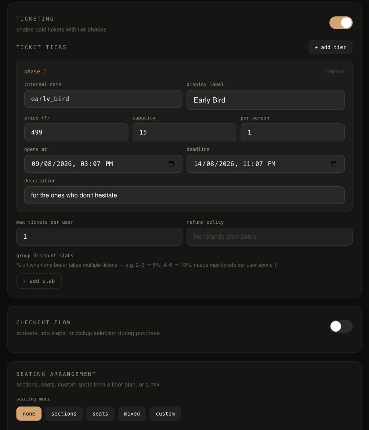 Ops console — event editor with ticket tiers