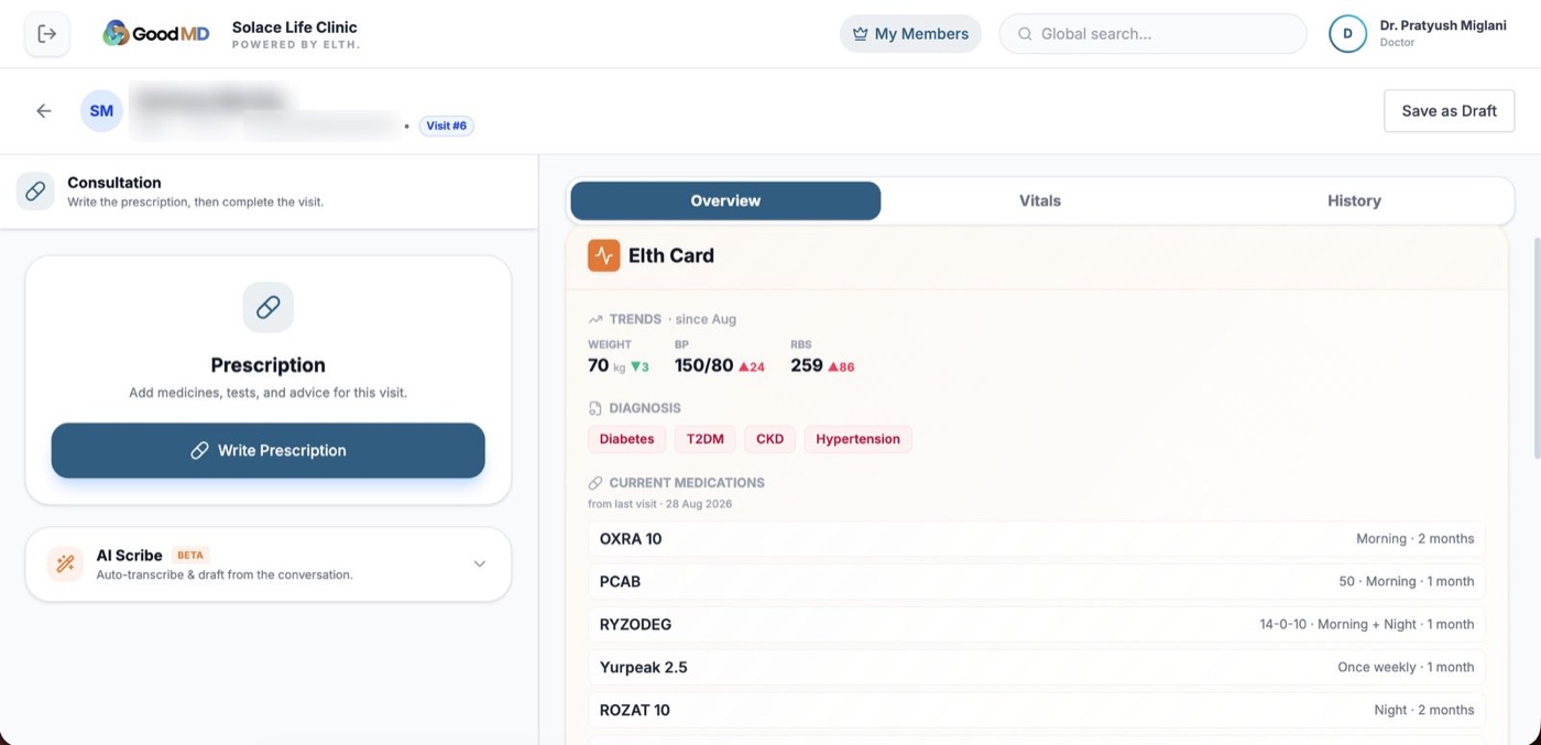 The Elth Card in the doctor console — vitals trends, diagnoses and current medication