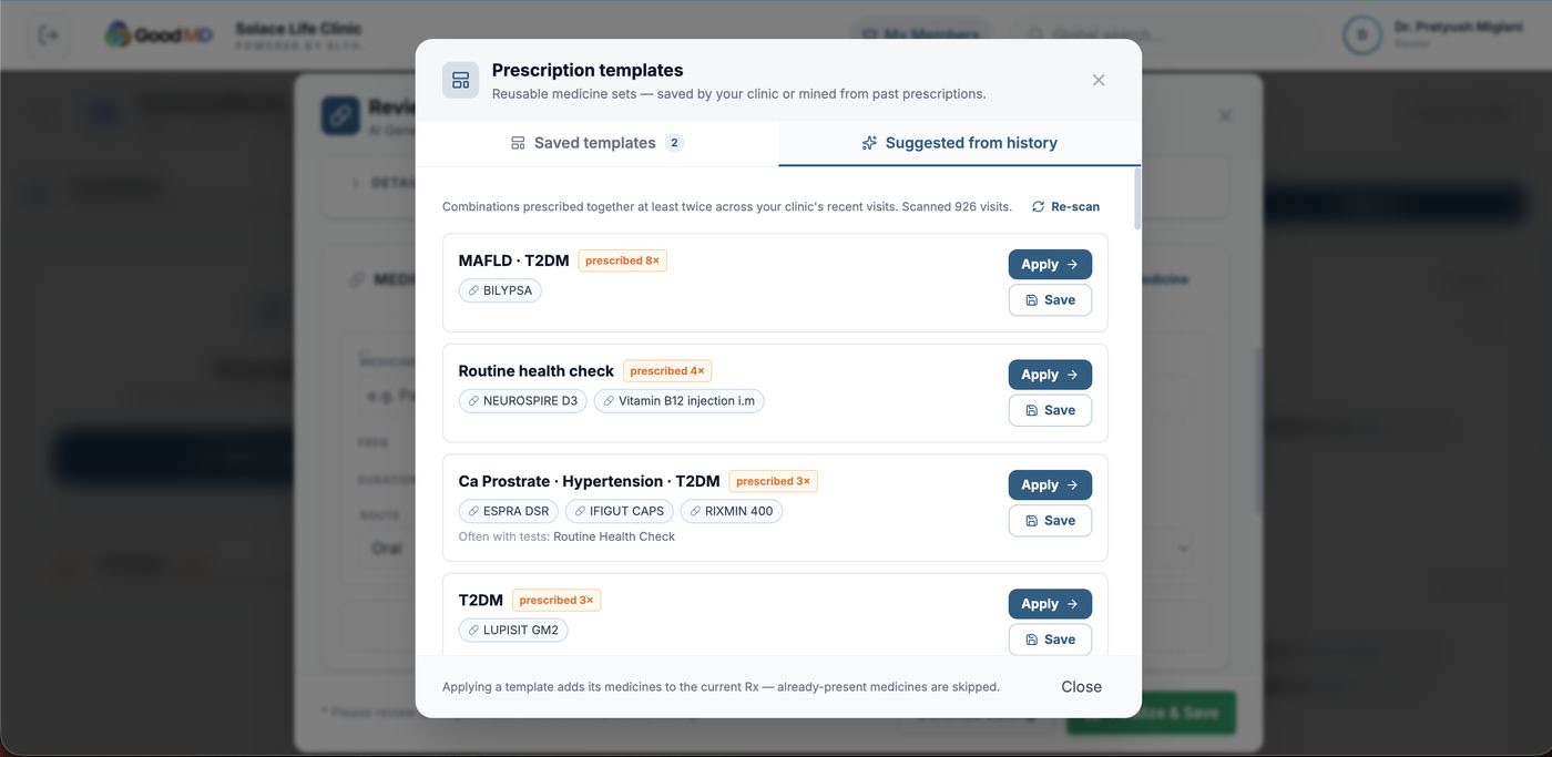 Prescription templates suggested from the clinic's own history