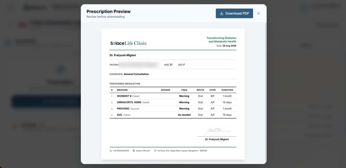 Prescription preview — a clinic-branded PDF