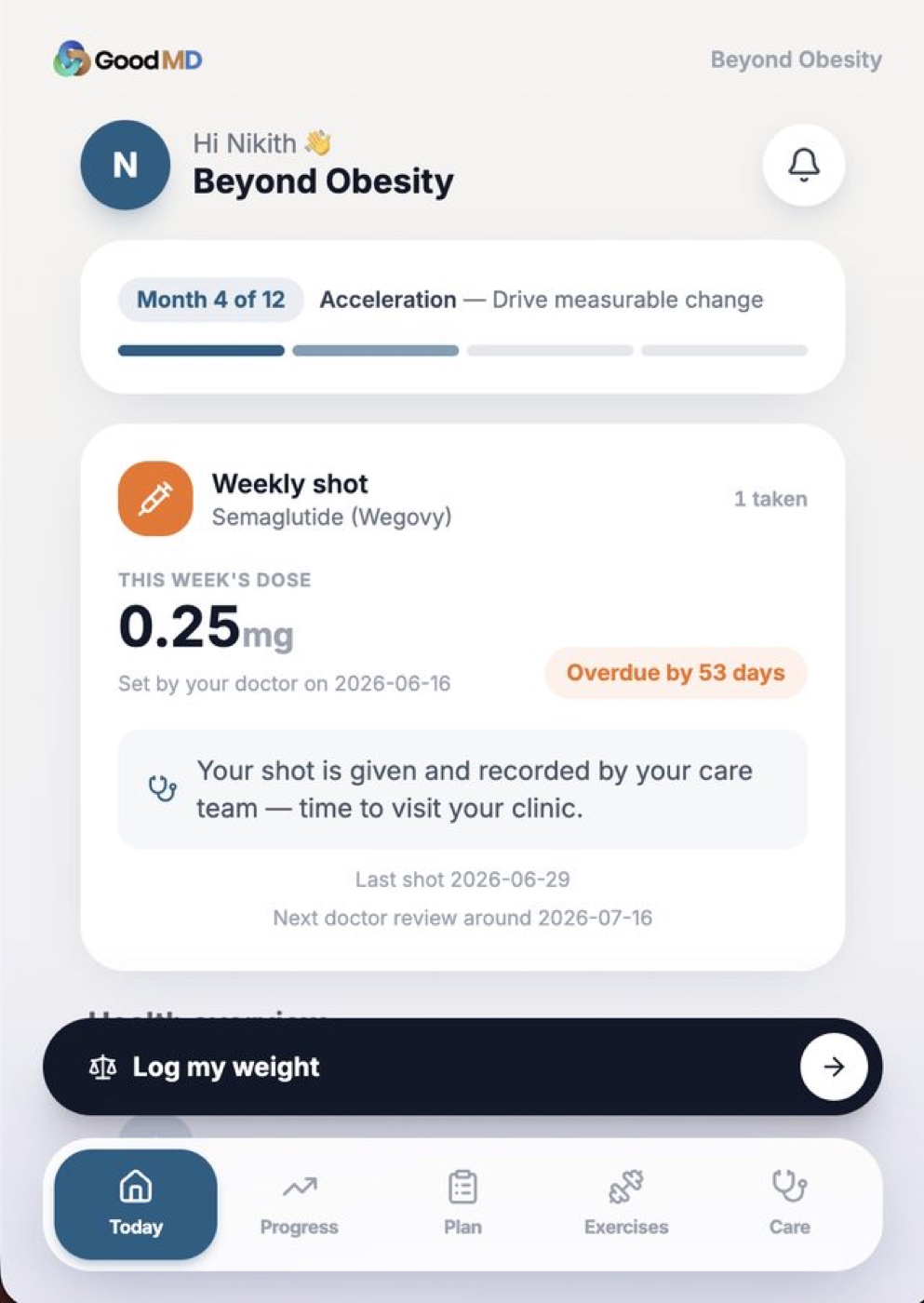 Patient portal home on a phone — a care programme, month four of twelve