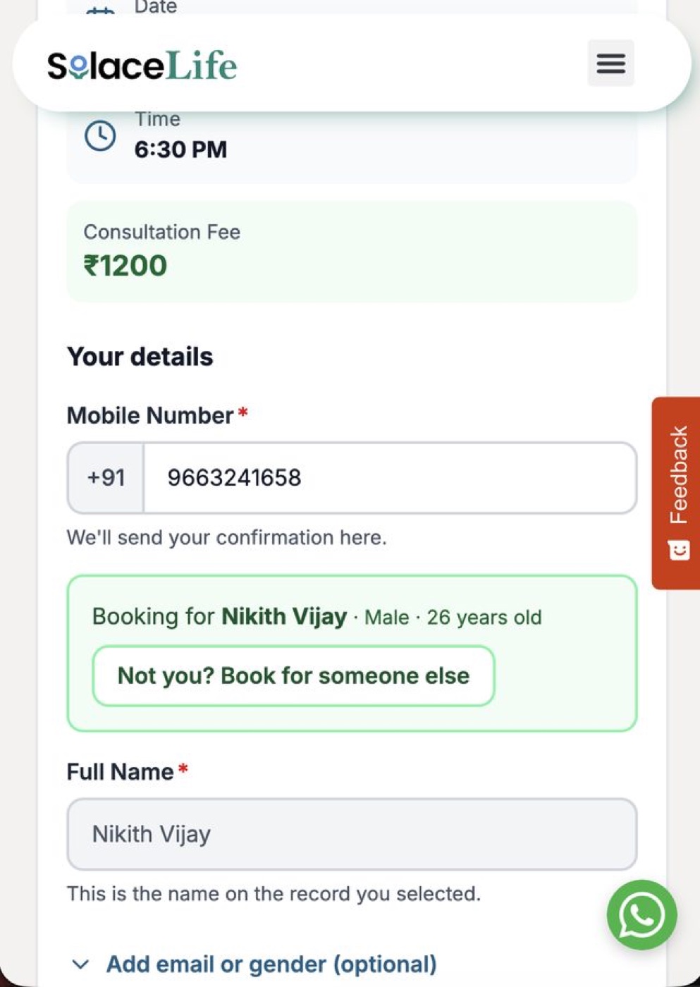 Booking engine embedded on the clinic's website