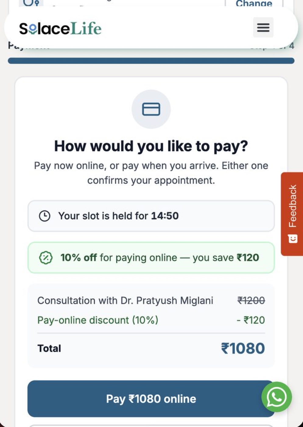 Booking payment step with an online-payment discount and a held slot