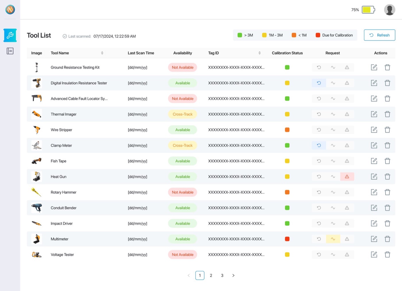 The tool list as shipped — last scan, availability, tag ID