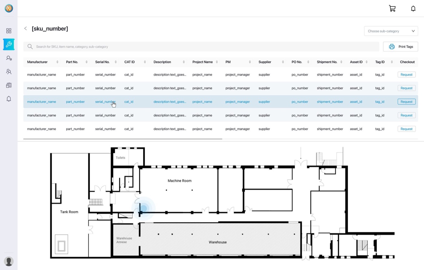 Warehouse detail — a SKU table over a floor plan