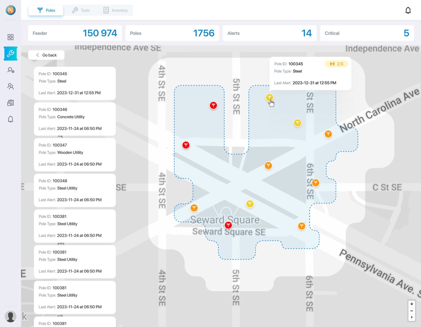 Pole monitoring map inside a feeder geofence