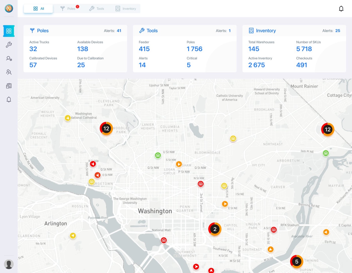 The roll-up dashboard — poles, tools and inventory alerts